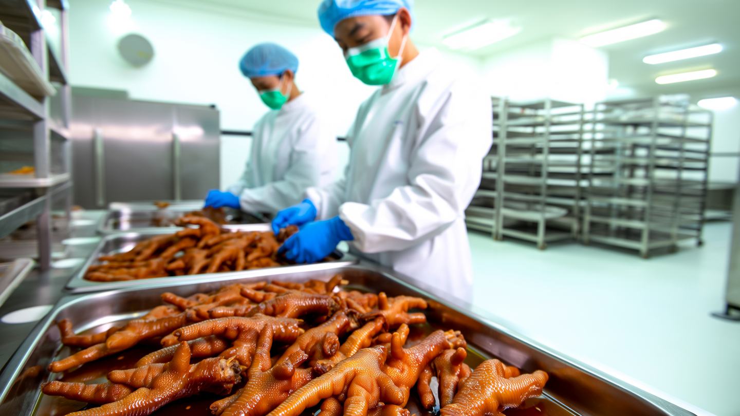 卤味加工车间实时画面:穿戴整齐的工人在分装卤味,AI 正在框选识别工序